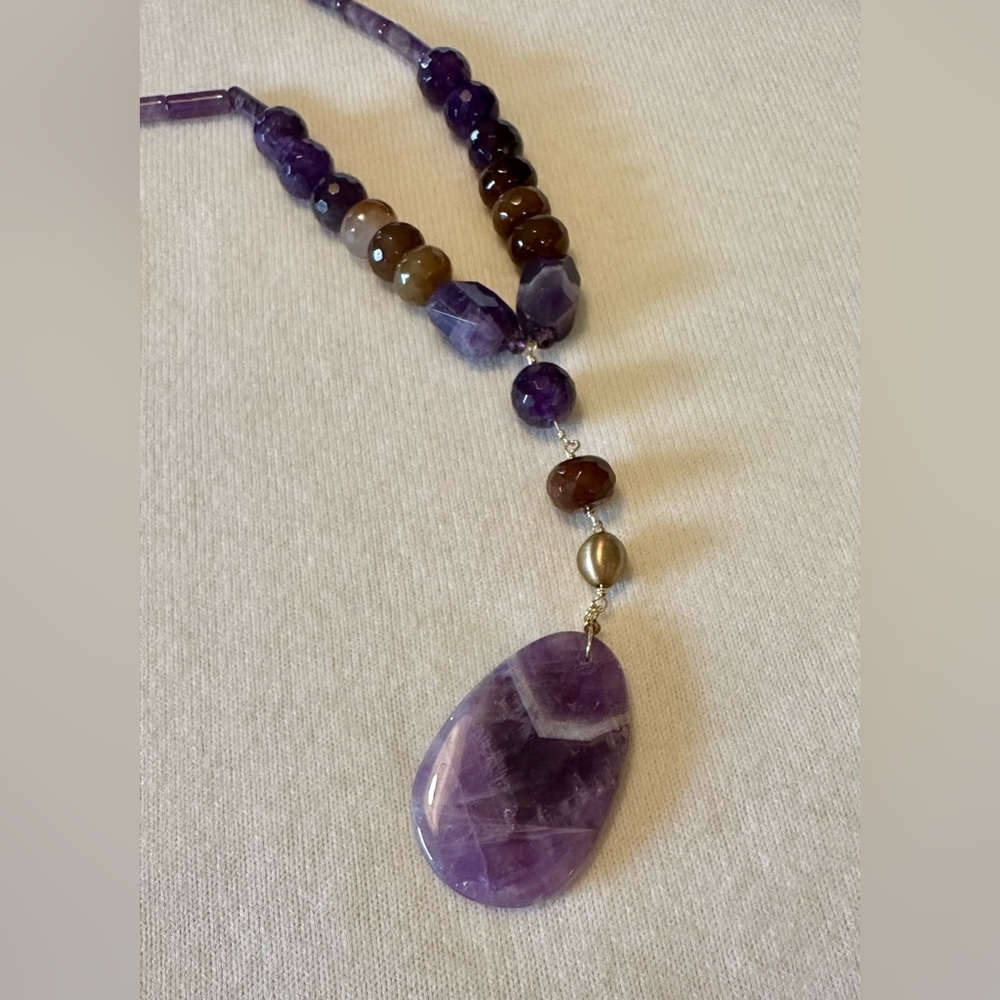 Jodie M Amethyst Statement Necklace Gold Tone Y-Drop Beaded (QVC)